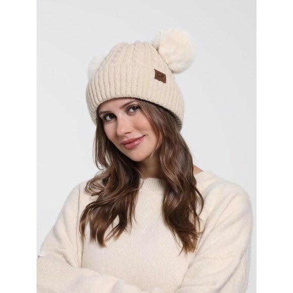Women\'s Beige with Double Pom Pom Womens Winter Knitted Beanie Hat main image 7